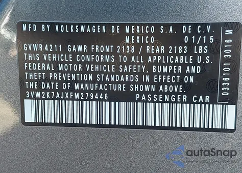 2015 Volkswagen Jetta 2.0L S from USA, damaged, VIN 3VW2K7AJXFM279446